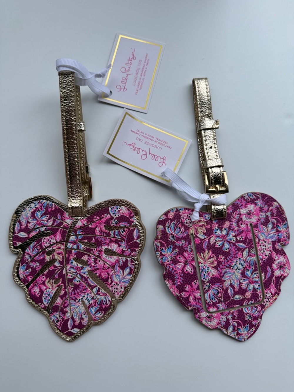 Lilly Pulitzer Pink Floral Leaf Luggage Tags with Gold Straps (Set of 2)